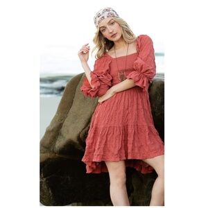 Joyfolie | Boho Cowgirl Smocked Ruffle Tiered Olina Mini Dress Clay | S